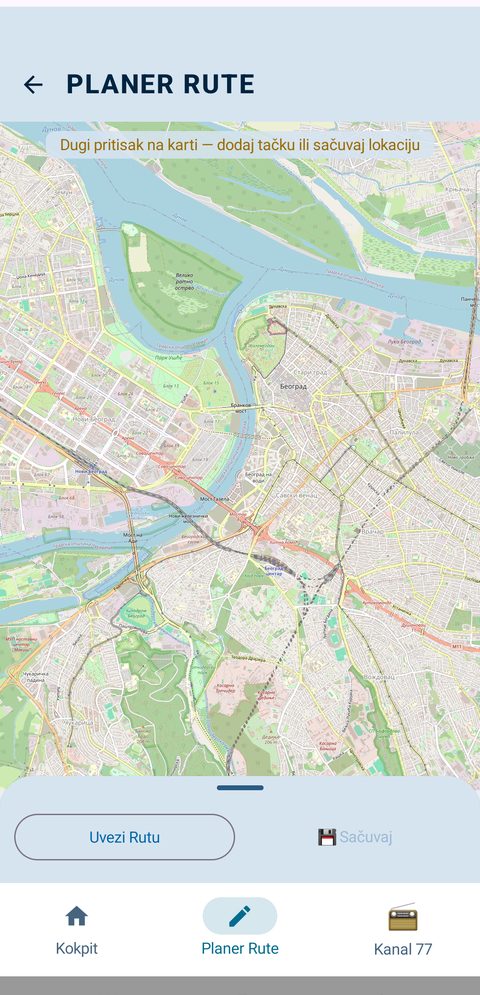 RiverPilot planer rute — mapa Beograda, ušće Save u Dunav